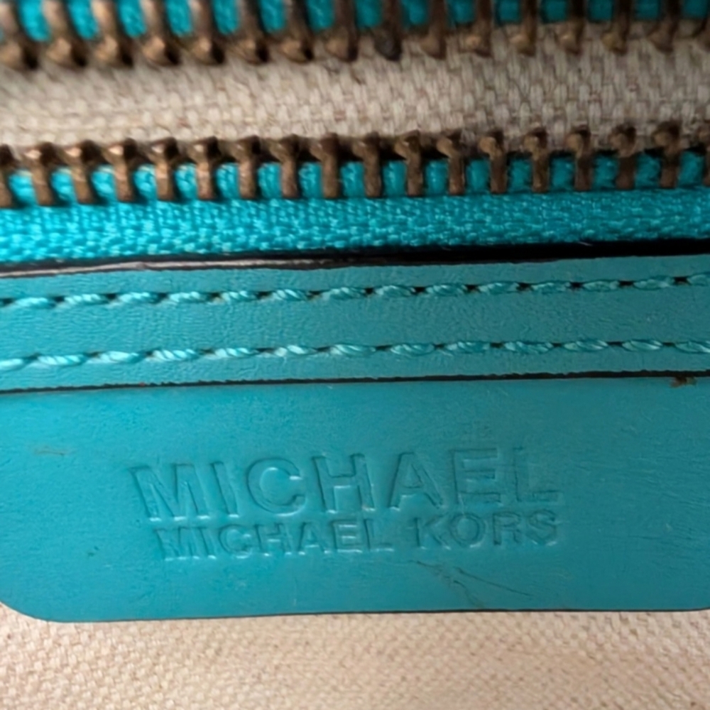 Michael Kors Santorini Straw Handbag Double Teal Leather Gold Chain Straps Rare - Picture 7 of 9